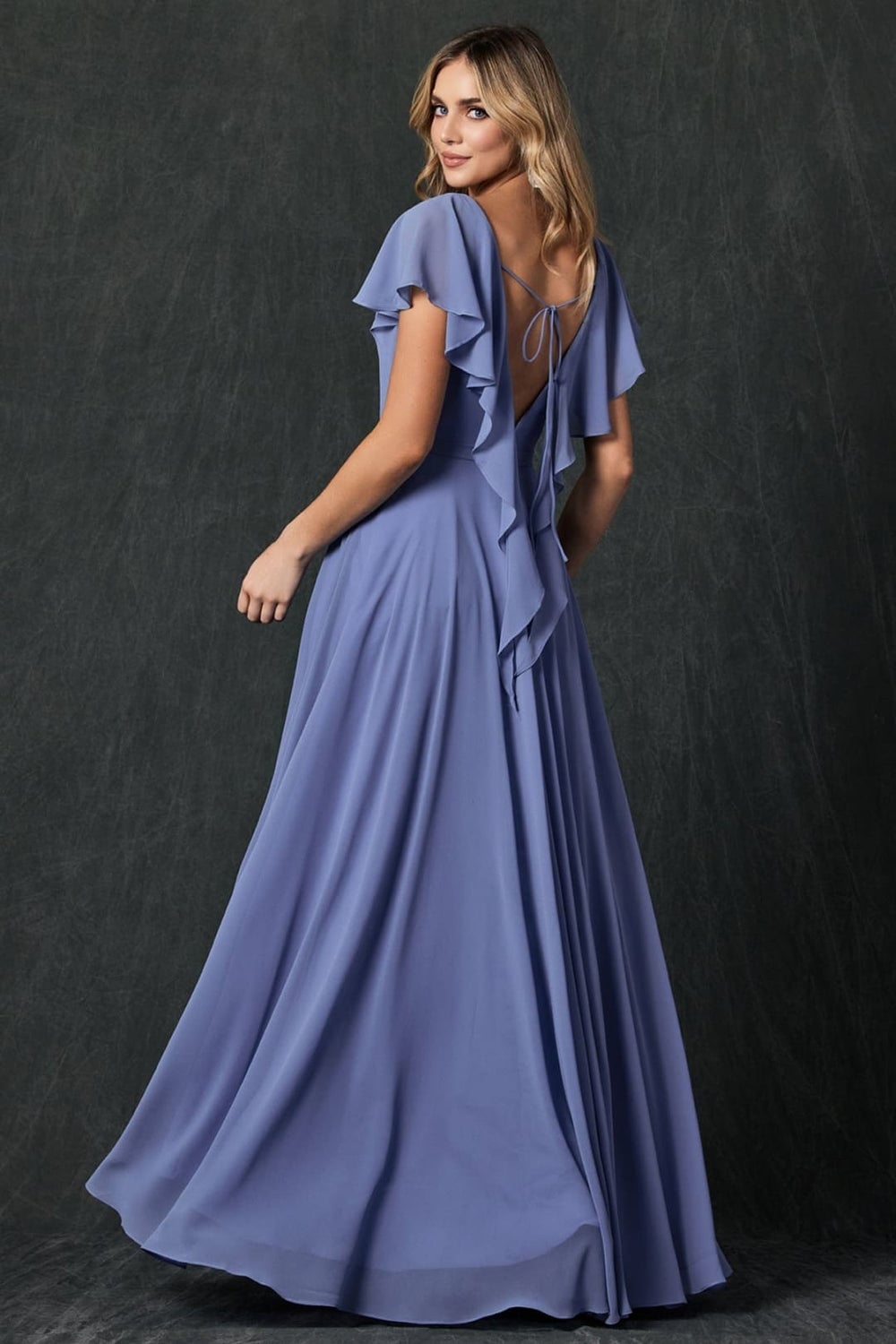 Slate Blue Chiffon Flutter Sleeve Dress With Tie-Back Slate Blue Chiffon Flutter Sleeve Dress With Tie-Back — Slate Blue Bridesmaid Dress 2027