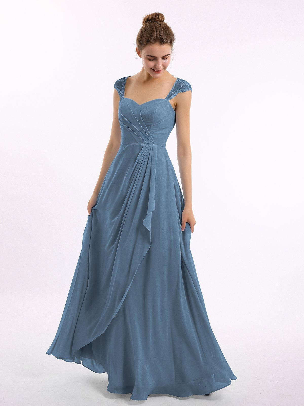 Slate Blue Chiffon Cap Sleeve Dress With Lace Details Slate Blue Chiffon Cap Sleeve Dress With Lace Details — Slate Blue Bridesmaid Dress 2027
