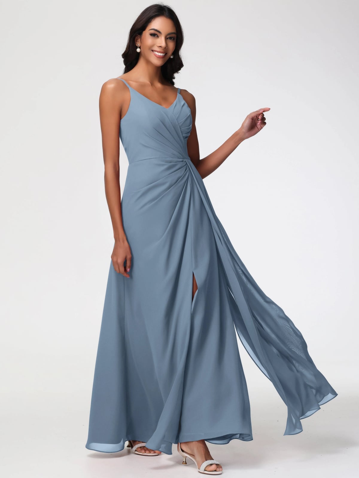 Slate Blue Chiffon Spaghetti Strap Dress With Ruched Bodice Slate Blue Chiffon Spaghetti Strap Dress With Ruched Bodice — Slate Blue Bridesmaid Dress 2027