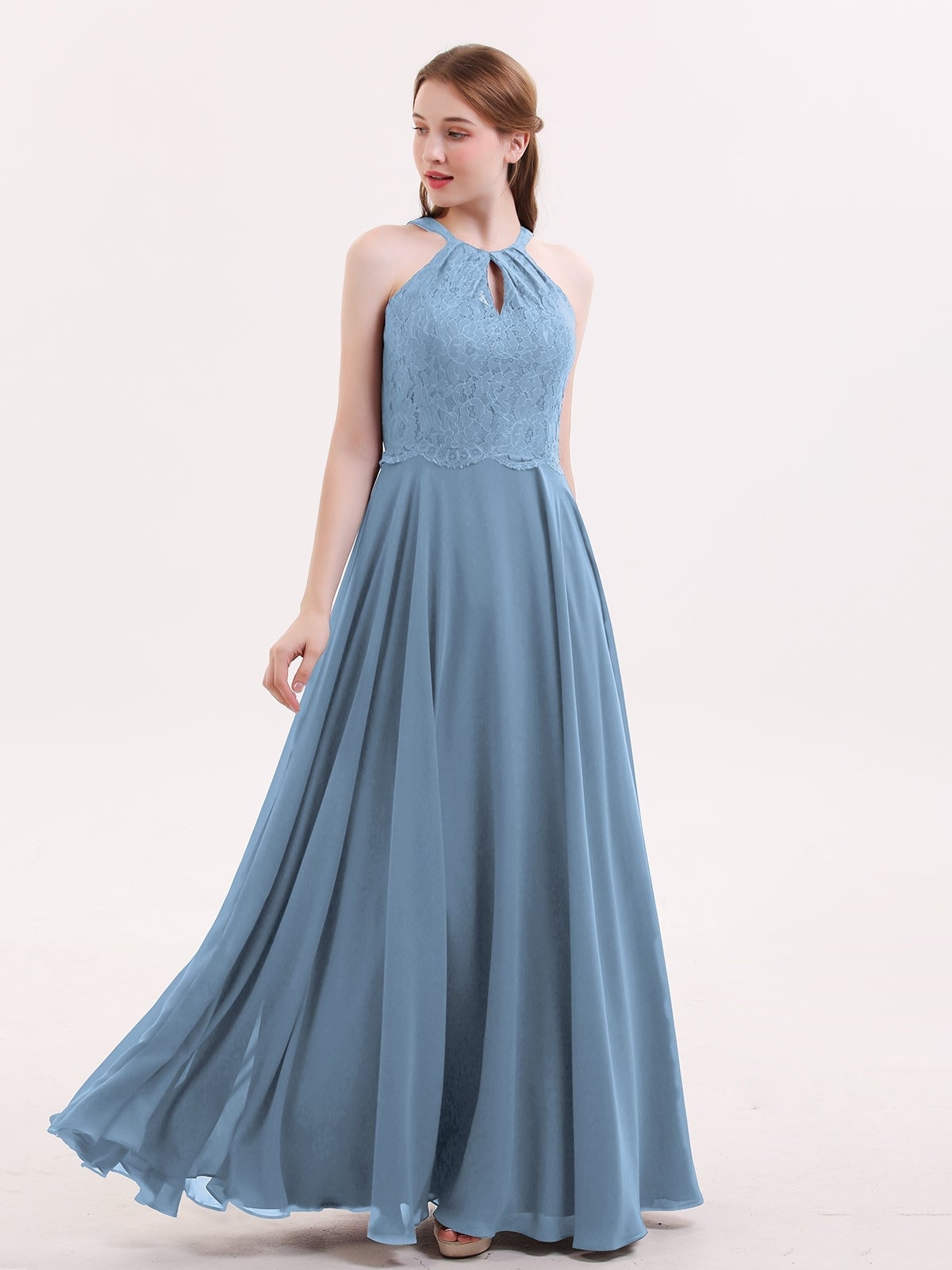 Slate Blue Chiffon Dress With Lace Halter Neckline Slate Blue Chiffon Dress With Lace Halter Neckline — Slate Blue Bridesmaid Dress 2027
