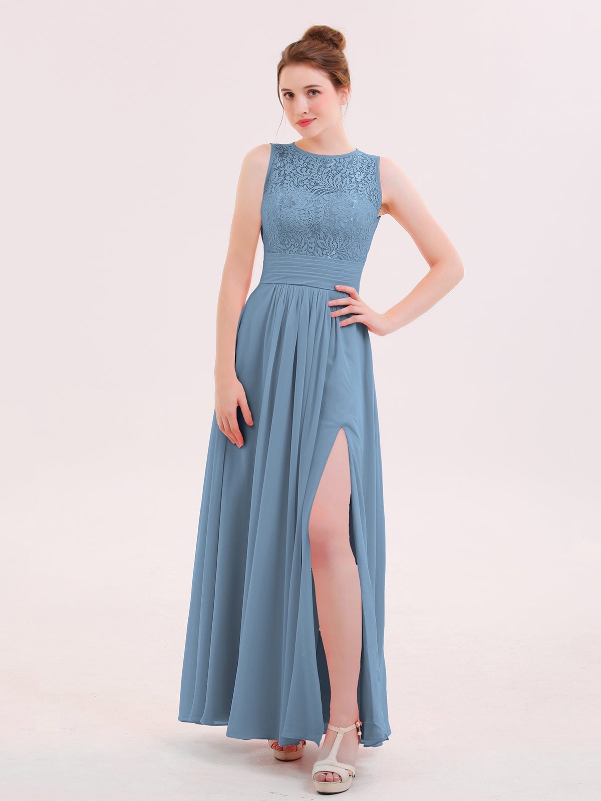 Slate Blue Chiffon Sleeveless Dress With Lace Bodice Slate Blue Chiffon Sleeveless Dress With Lace Bodice — Slate Blue Bridesmaid Dress 2027