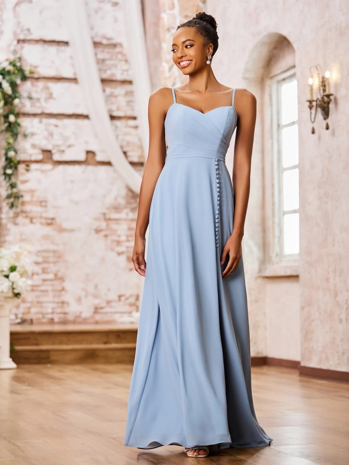 Slate Blue Chiffon Spaghetti Strap Dress With Button Front Slate Blue Chiffon Spaghetti Strap Dress With Button Front — Slate Blue Bridesmaid Dress 2027
