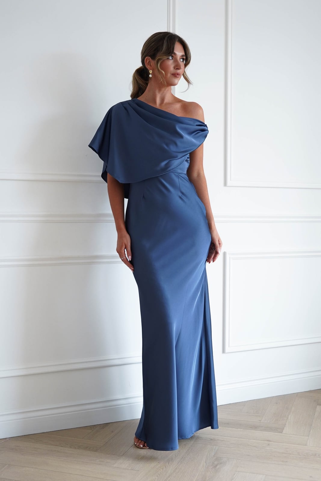 Elegant Slate Blue Satin Dress With Cowl Neckline Elegant Slate Blue Satin Dress With Cowl Neckline — Slate Blue Bridesmaid Dress 2027