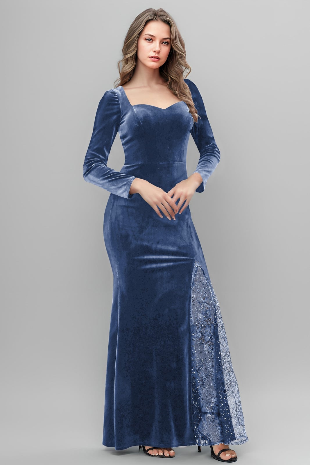 Deep Blue Velvet Dress With Sequin Lace Panel Deep Blue Velvet Dress With Sequin Lace Panel — Slate Blue Bridesmaid Dress 2027