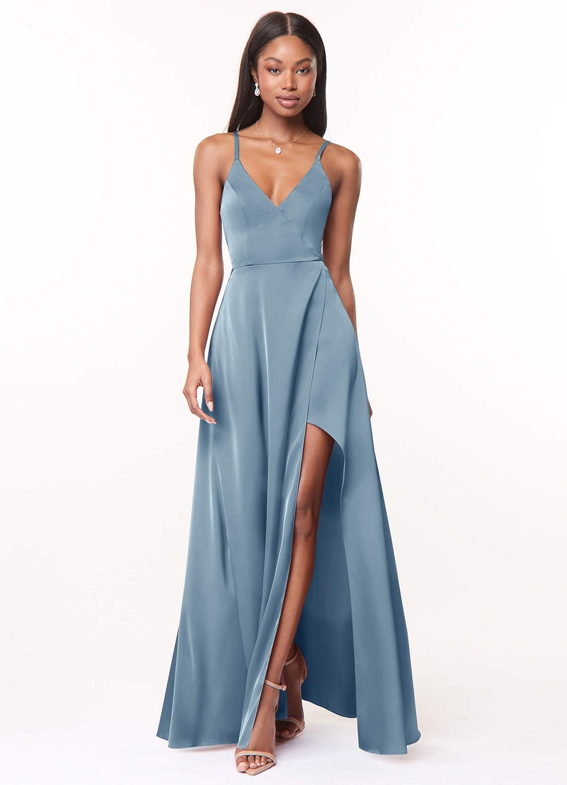 Slate Blue Satin Dress With High Slit and Flowy Skirt Slate Blue Satin Dress With High Slit and Flowy Skirt — Slate Blue Bridesmaid Dress 2027