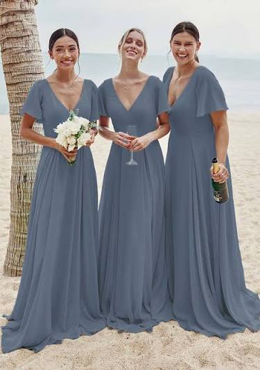 Matching Slate Blue Chiffon V-Neck Flutter Sleeve Dresses Matching Slate Blue Chiffon V-Neck Flutter Sleeve Dresses — Slate Blue Bridesmaid Dress 2027