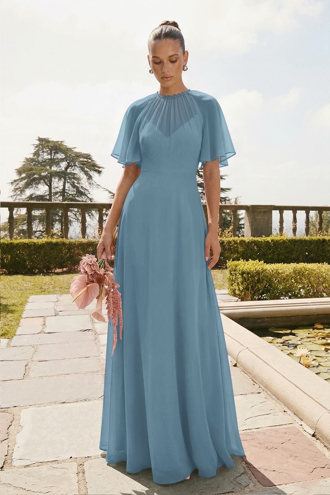 Slate Blue Chiffon Illusion Neck A-Line Dress Slate Blue Chiffon Illusion Neck A-Line Dress — Slate Blue Bridesmaid Dress 2027
