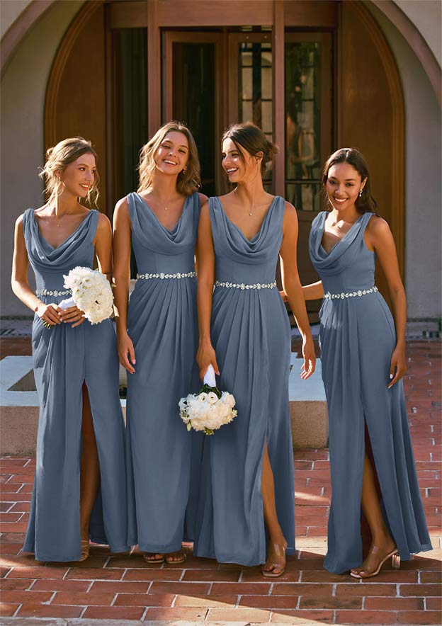 Slate Blue Chiffon Sleeveless Dresses With Embellished, Close-Up Take Slate Blue Chiffon Sleeveless Dresses With Embellished, Close-Up Take — Slate Blue Bridesmaid Dress 2027