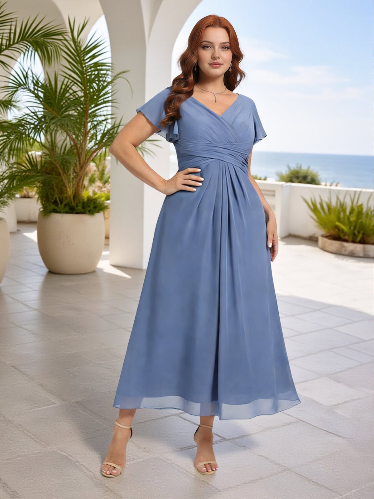 Slate Blue Chiffon Short Sleeve Dress With Pleated, Close-Up Take Slate Blue Chiffon Short Sleeve Dress With Pleated, Close-Up Take — Slate Blue Bridesmaid Dress 2027