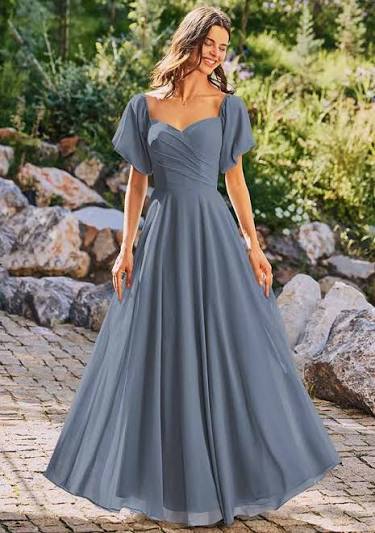 Slate Blue Chiffon A-Line Dress With Pleated Bodice, Everyday Version Slate Blue Chiffon A-Line Dress With Pleated Bodice, Everyday Version — Slate Blue Bridesmaid Dress 2027