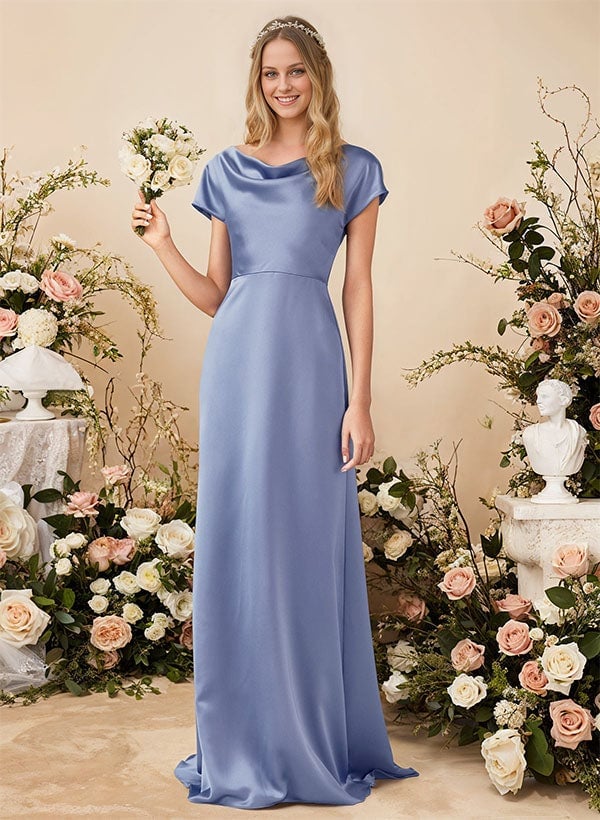 Slate Blue Satin Dress With Cowl Neck and Short Sleeves, Close-Up Take Slate Blue Satin Dress With Cowl Neck and Short Sleeves, Close-Up Take — Slate Blue Bridesmaid Dress 2027