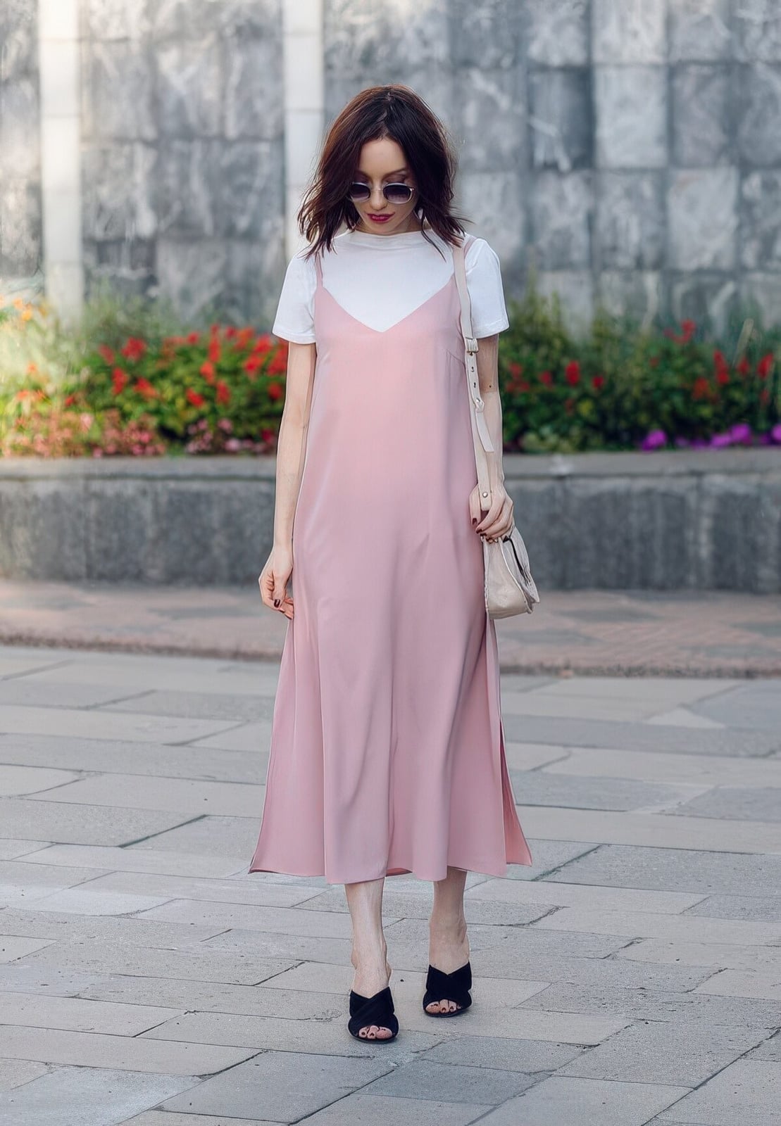 Pink midi slip dress over white tee with heeled mules Pink midi slip dress over white tee with heeled mules — Slip Dress Over T Shirt 2027