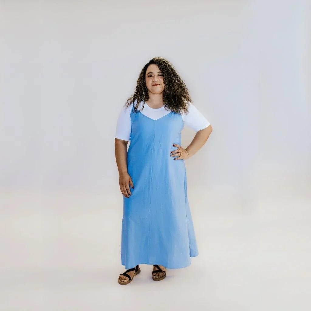 Blue linen maxi slip dress over white tee with sandals Blue linen maxi slip dress over white tee with sandals — Slip Dress Over T Shirt 2027