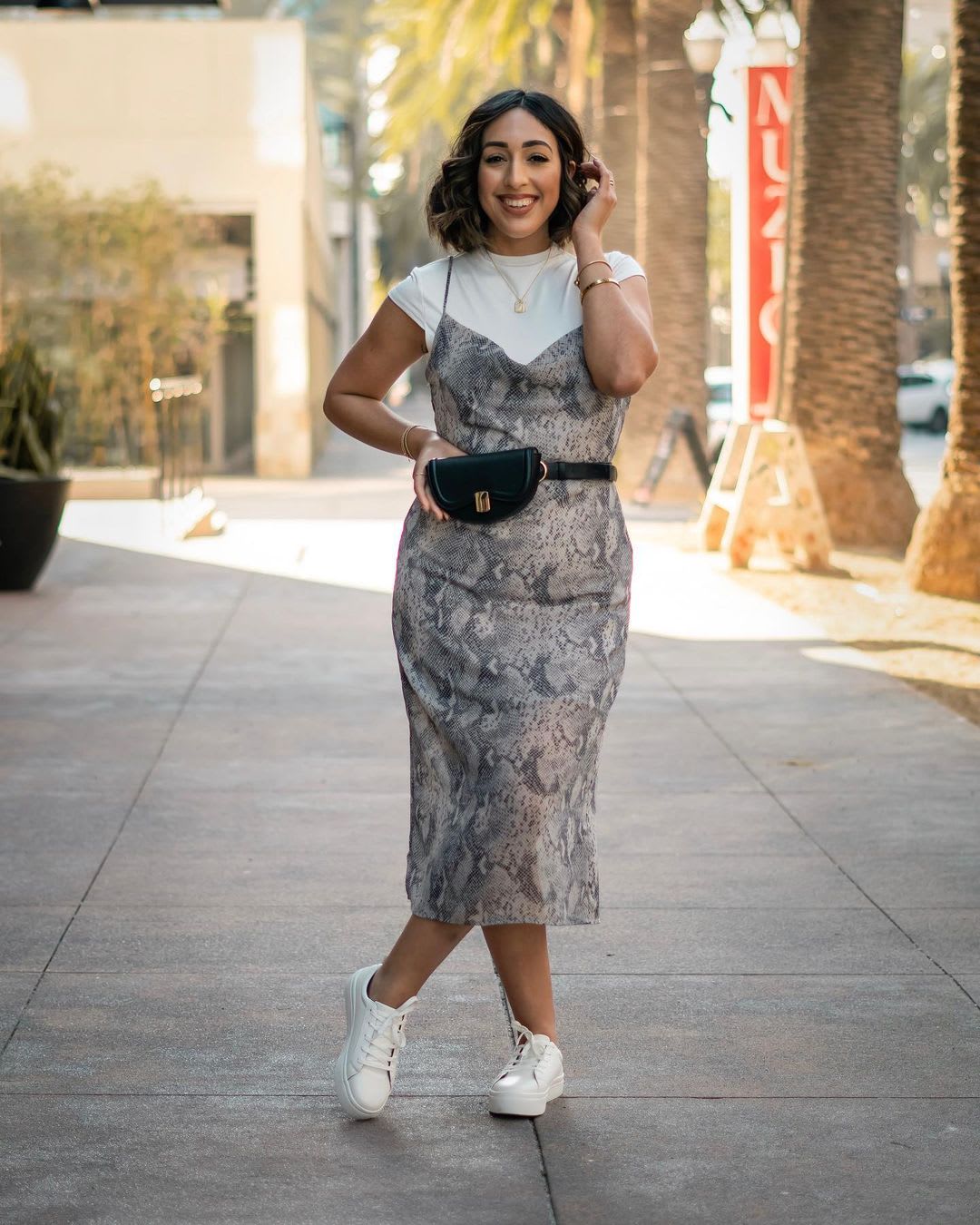 Snakeskin print slip dress over white tee with sneakers Snakeskin print slip dress over white tee with sneakers — Slip Dress Over T Shirt 2027