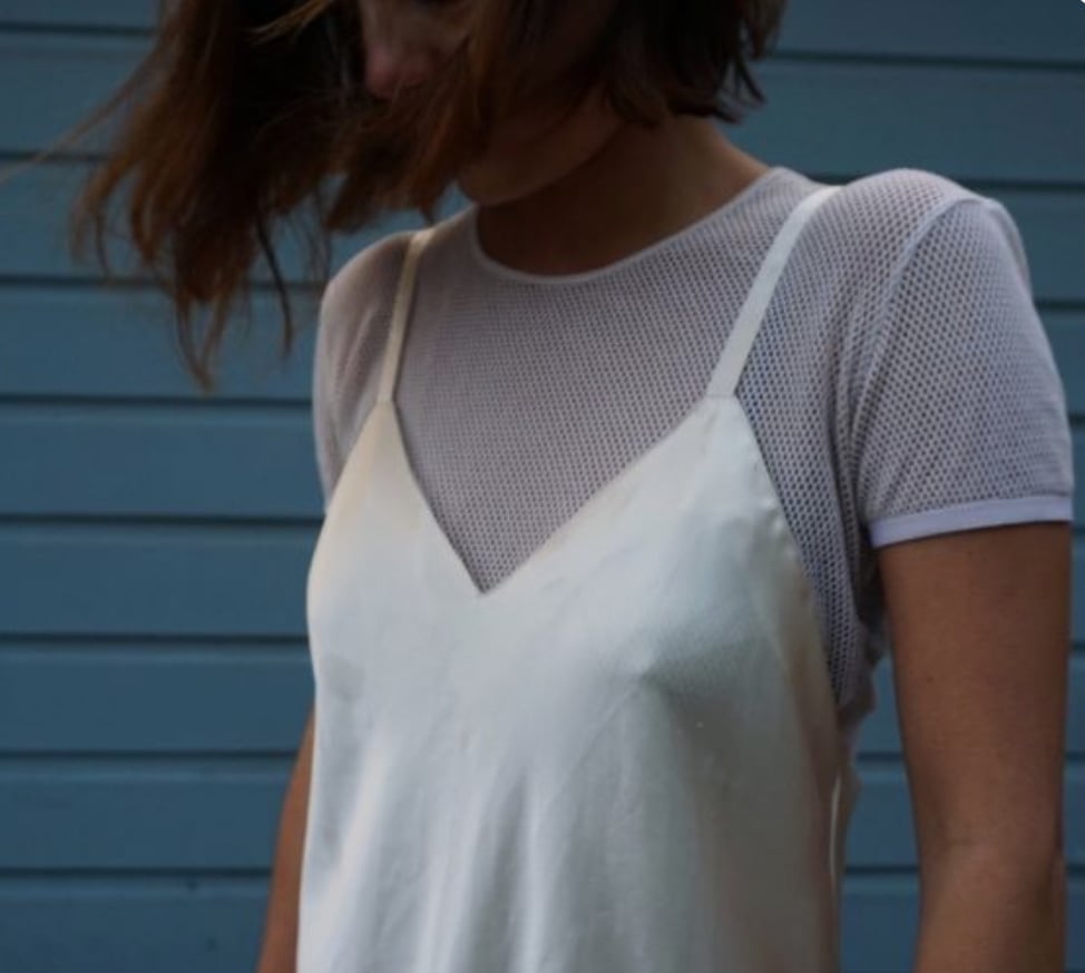 White slip dress over gray mesh tee White slip dress over gray mesh tee — Slip Dress Over T Shirt 2027