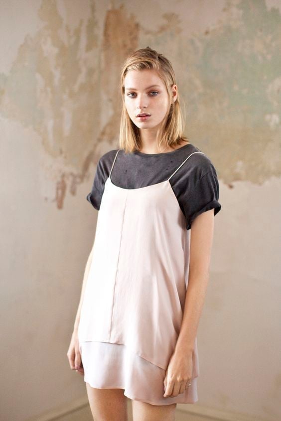 Pale pink slip dress over dark gray tee Pale pink slip dress over dark gray tee — Slip Dress Over T Shirt 2027