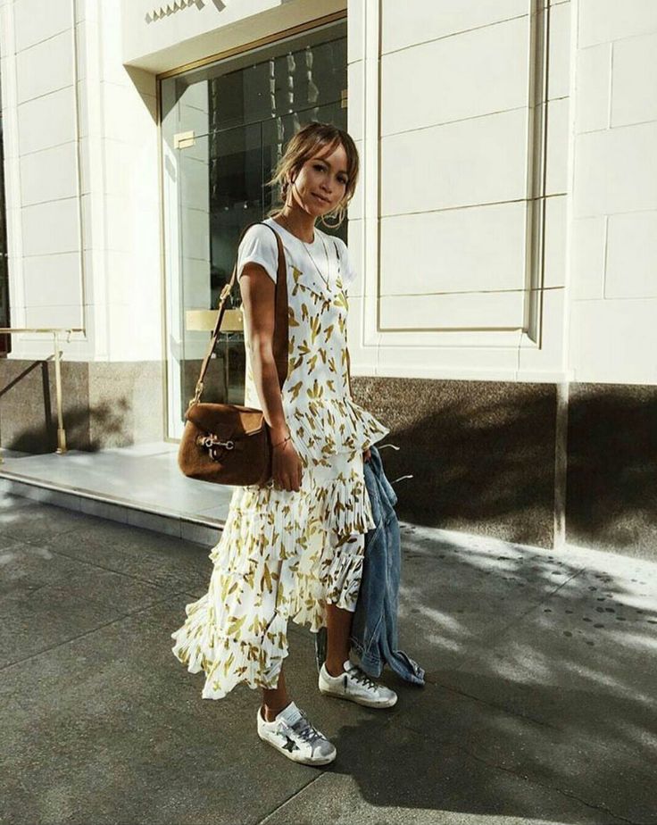 Ruffled high-low slip dress over white tee with sneakers Ruffled high-low slip dress over white tee with sneakers — Slip Dress Over T Shirt 2027