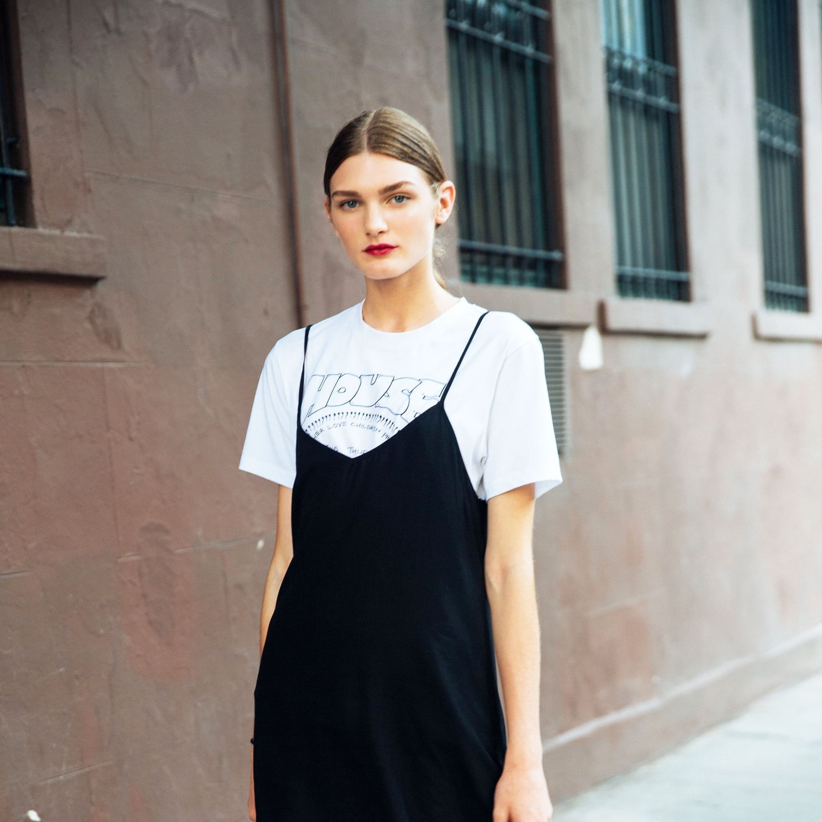 Graphic tee under black satin slip dress Graphic tee under black satin slip dress — Slip Dress Over T Shirt 2027