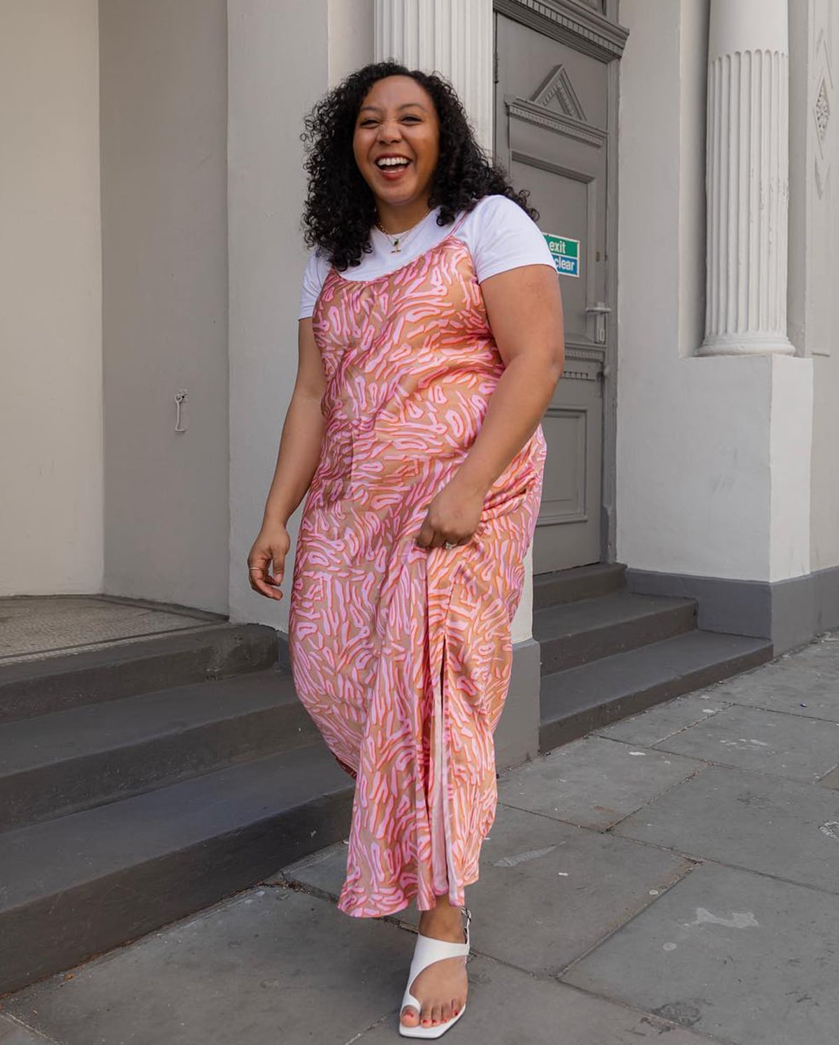 Patterned midi slip dress over white tee with sandals Patterned midi slip dress over white tee with sandals — Slip Dress Over T Shirt 2027
