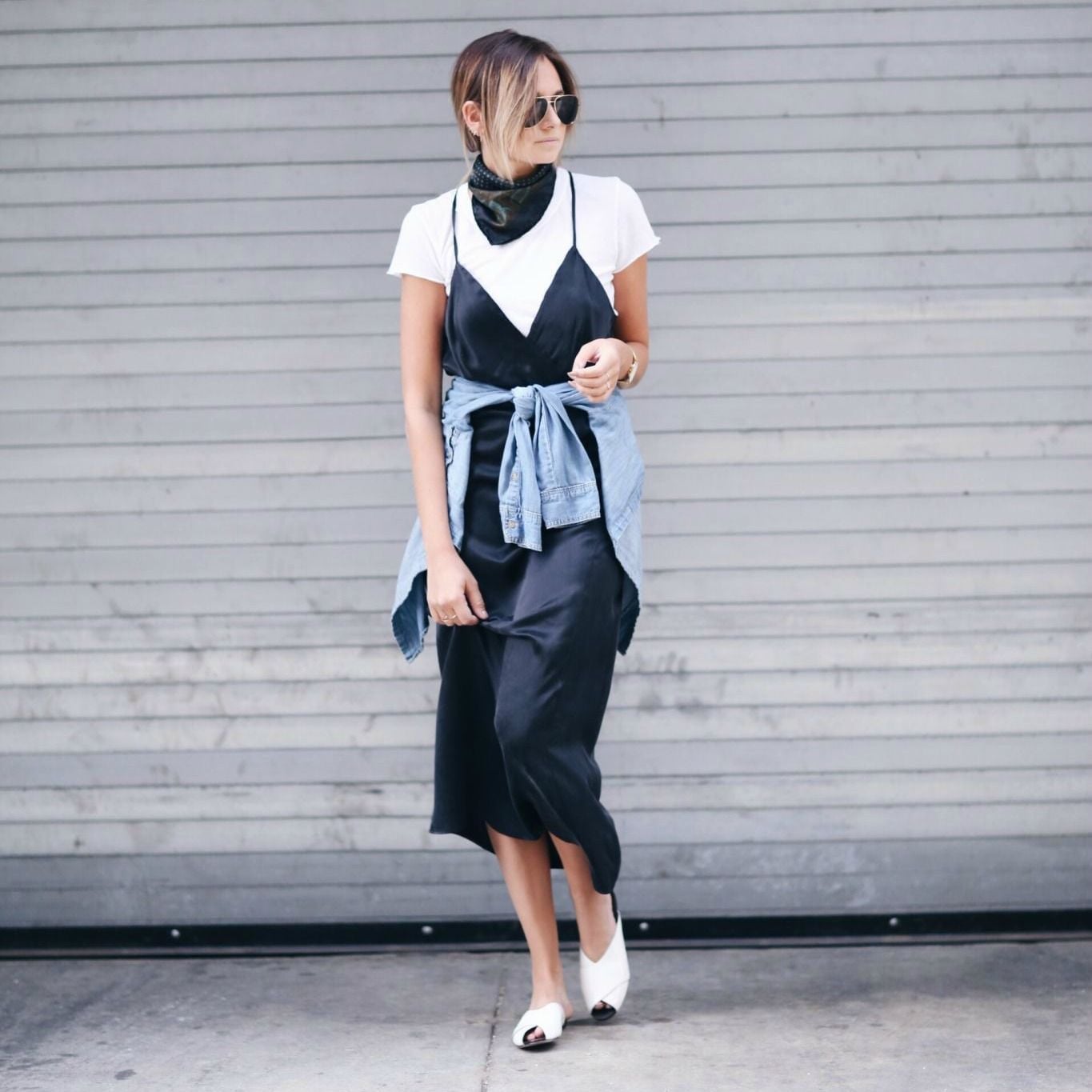 Black slip dress over white tee with mules and denim jacket Black slip dress over white tee with mules and denim jacket — Slip Dress Over T Shirt 2027
