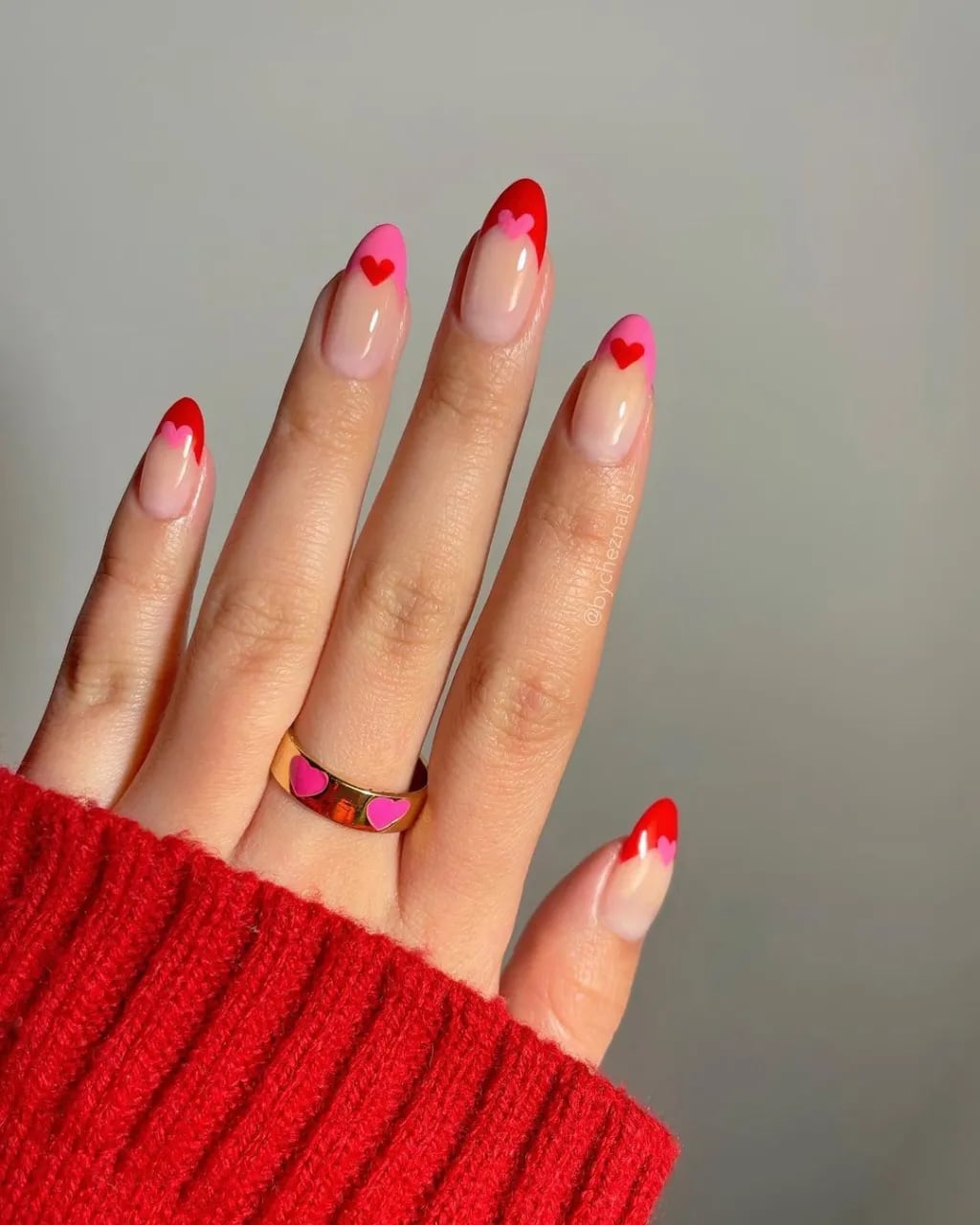 Almond Dual French Tip Nails With Hearts, Glossy Almond Dual French Tip Nails With Hearts, Glossy — Small Heart Nails 2027