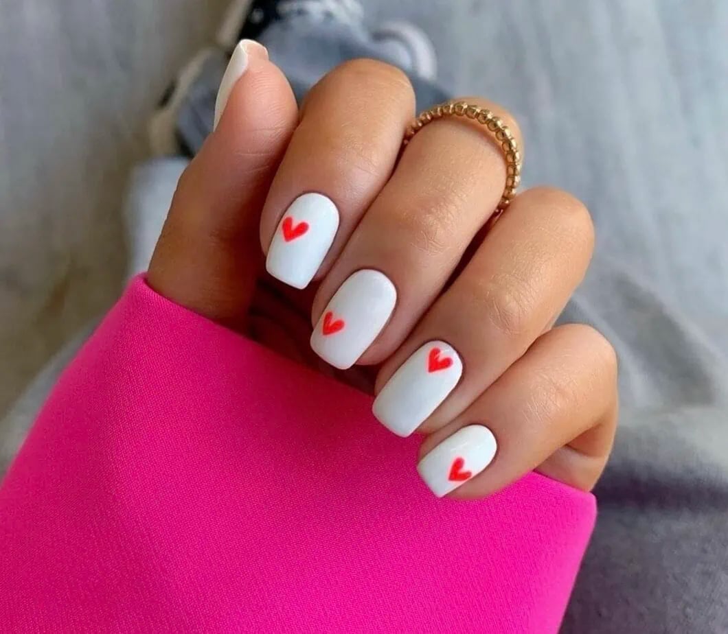 Short Square White Nails With Small Red Hearts Short Square White Nails With Small Red Hearts — Small Heart Nails 2027