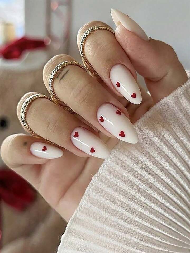 Long Stiletto White Nails With Small Red Hearts Long Stiletto White Nails With Small Red Hearts — Small Heart Nails 2027