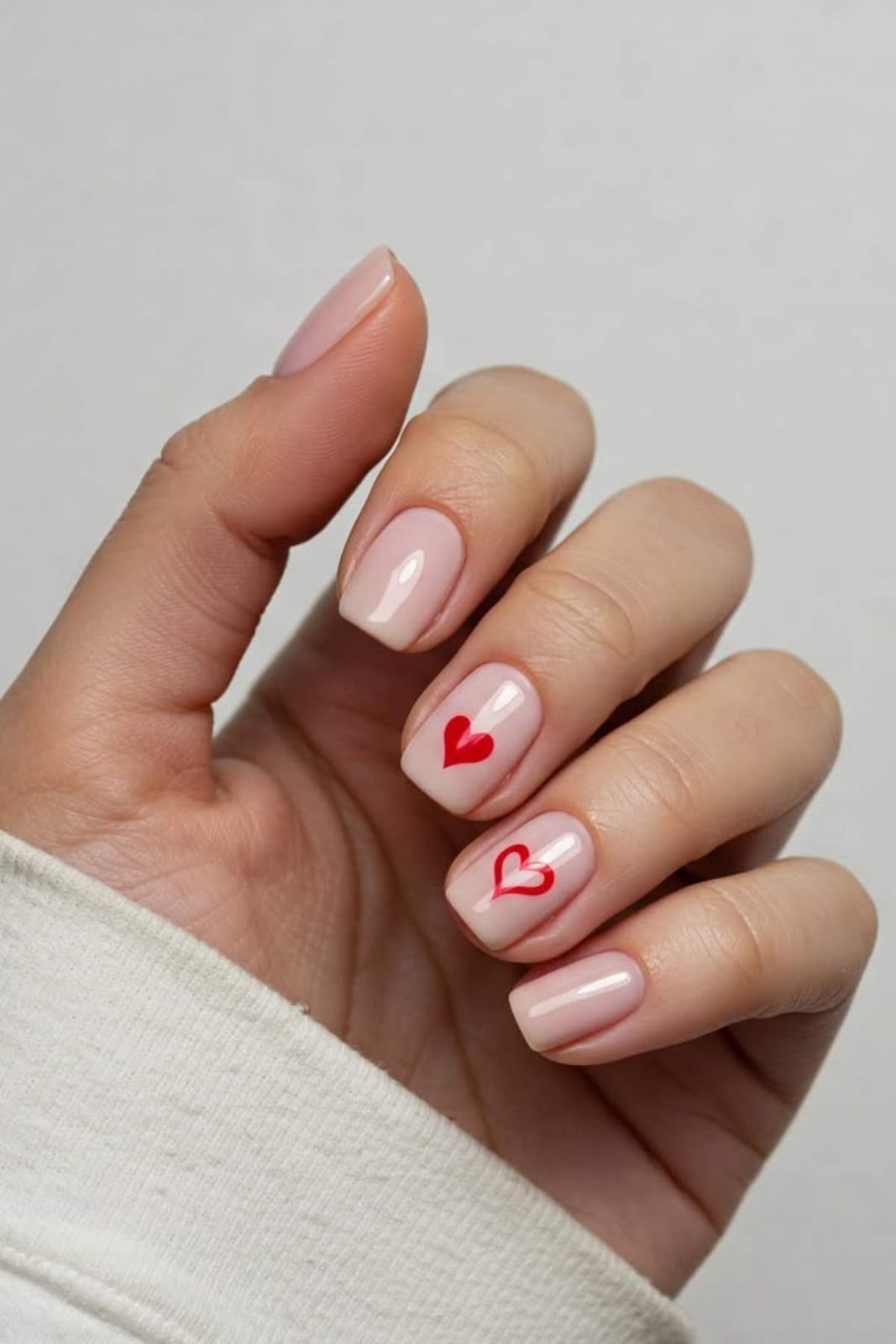 Short Soft Square Nude With Large Red Heart Accent Short Soft Square Nude With Large Red Heart Accent — Small Heart Nails 2027
