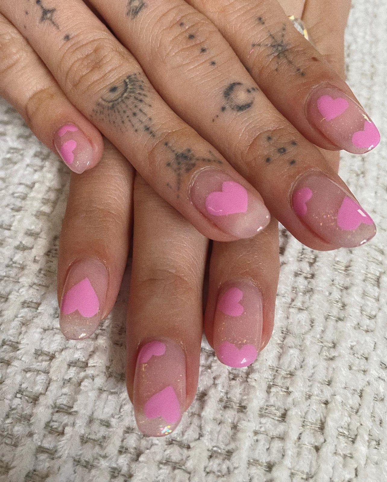 Medium Almond Sheer Pink With All-Over Pink Hearts Medium Almond Sheer Pink With All-Over Pink Hearts — Small Heart Nails 2027