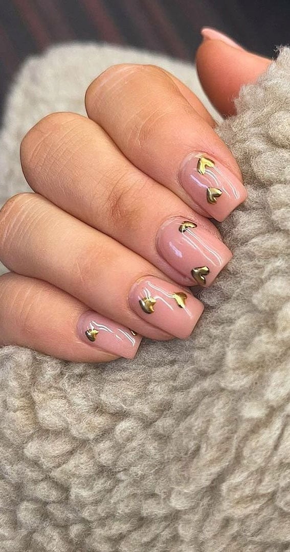 Short Square Pink With Gold Chrome Heart Charms Short Square Pink With Gold Chrome Heart Charms — Small Heart Nails 2027