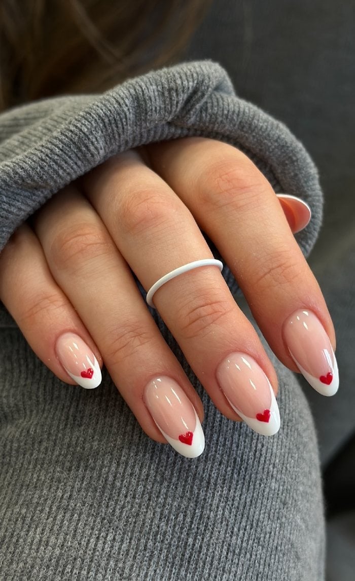 Square French Tip Nails With Tiny Red Hearts Square French Tip Nails With Tiny Red Hearts — Small Heart Nails 2027