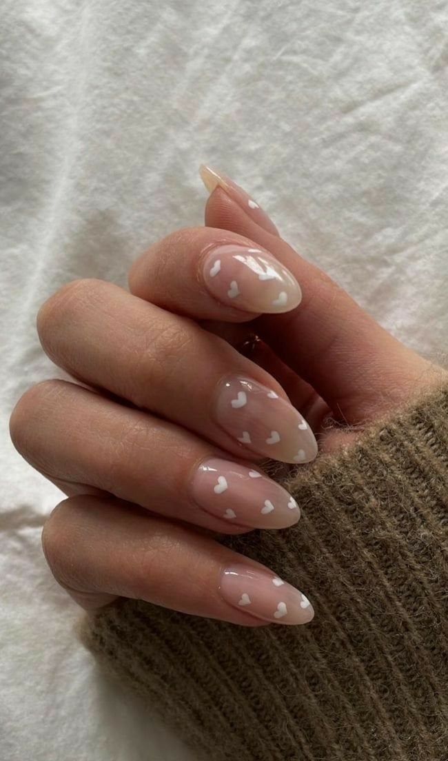 Almond Nude Pink With Tiny White Hearts All Over Almond Nude Pink With Tiny White Hearts All Over — Small Heart Nails 2027