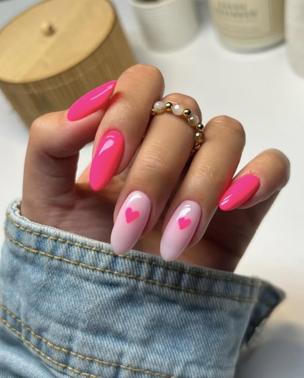Hot Pink Almond Nails With Small Bright Pink Hearts Hot Pink Almond Nails With Small Bright Pink Hearts — Small Heart Nails 2027