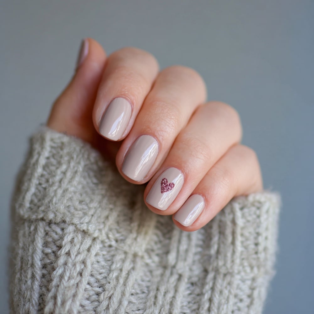 Short Matte Beige Nails With Pink Glitter Heart Short Matte Beige Nails With Pink Glitter Heart — Small Heart Nails 2027