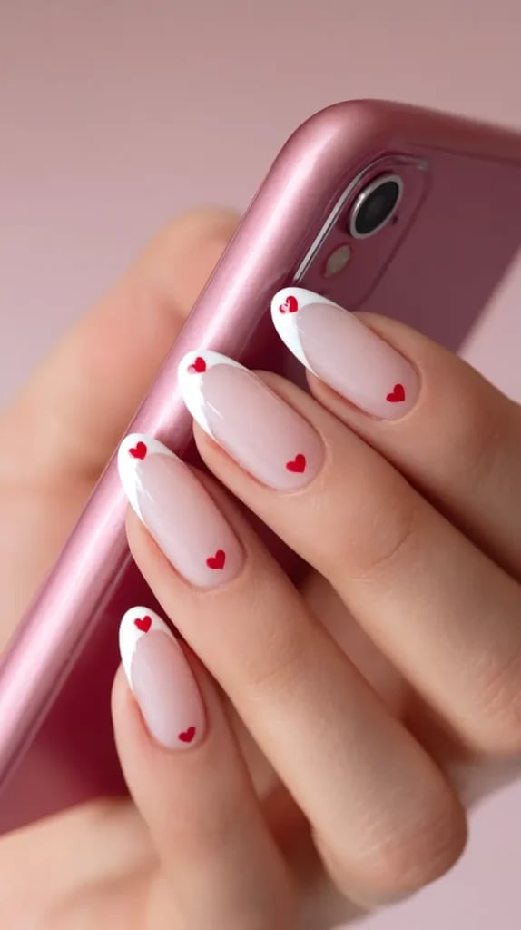 Almond French Tip Nails With Small Red Hearts Almond French Tip Nails With Small Red Hearts — Small Heart Nails 2027