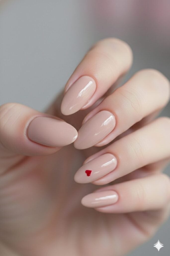 Nude Beige Almond Nails With Single Red Heart Nude Beige Almond Nails With Single Red Heart — Small Heart Nails 2027