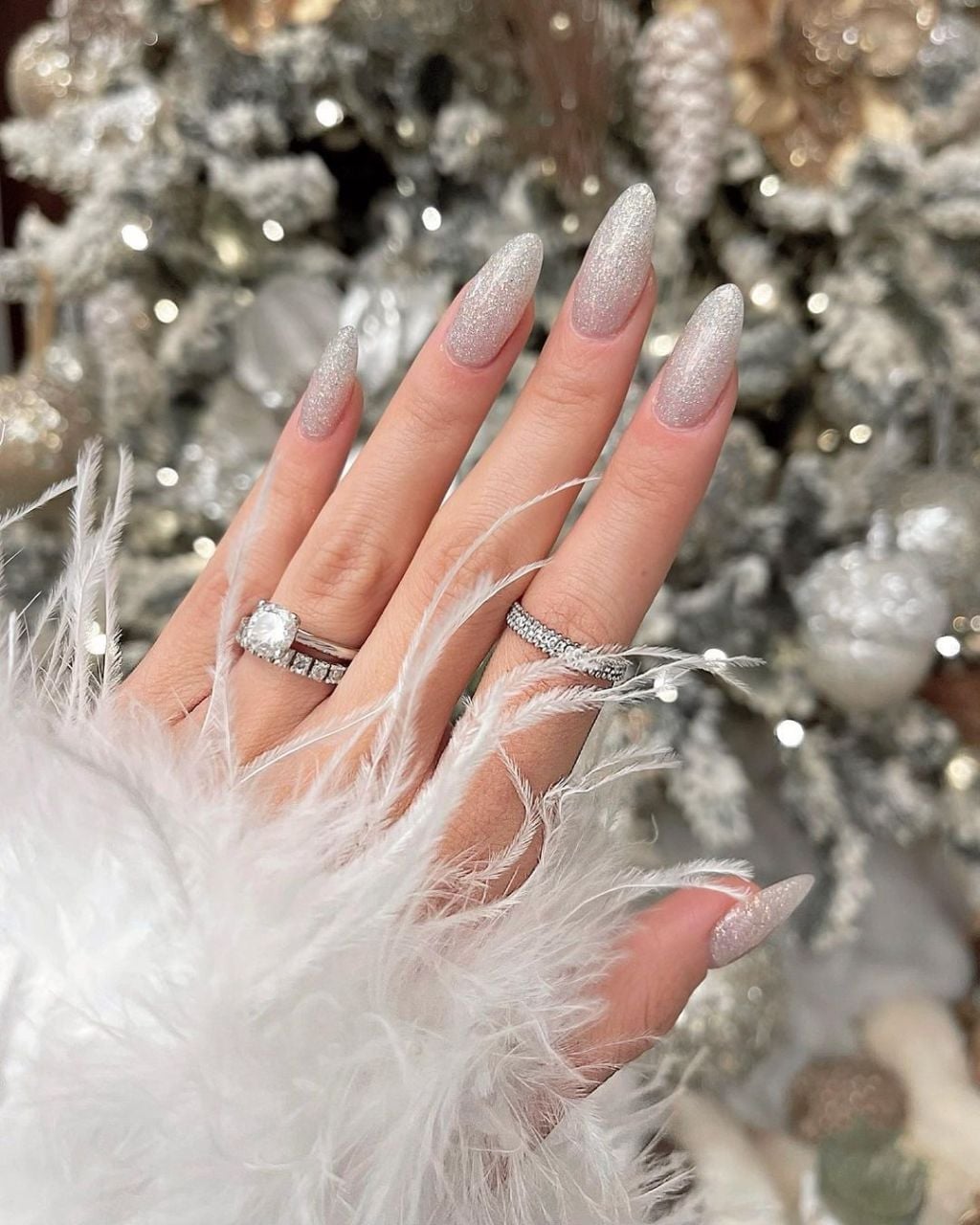 Long Almond Pale Silver Glitter Nails Long Almond Pale Silver Glitter Nails — Sparkly New Years Nails 2027