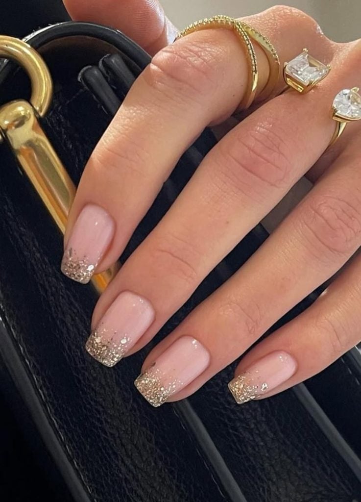 Short Square Pale Pink Silver Glitter French Short Square Pale Pink Silver Glitter French — Sparkly New Years Nails 2027
