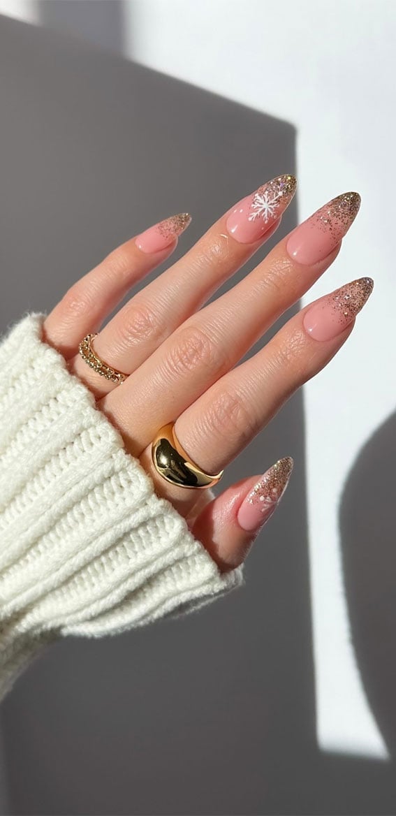 Long Almond Gold Glitter Snowflake Nails Long Almond Gold Glitter Snowflake Nails — Sparkly New Years Nails 2027