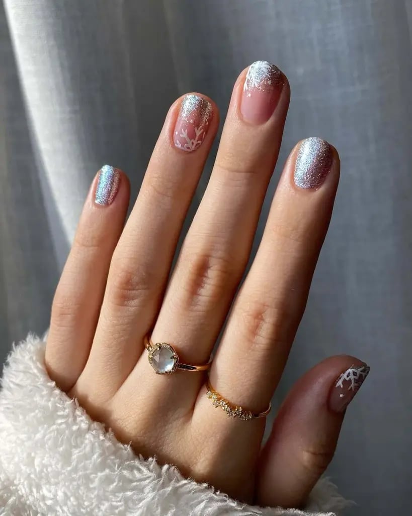 Short Square Silver Glitter Snowflake Nails Short Square Silver Glitter Snowflake Nails — Sparkly New Years Nails 2027