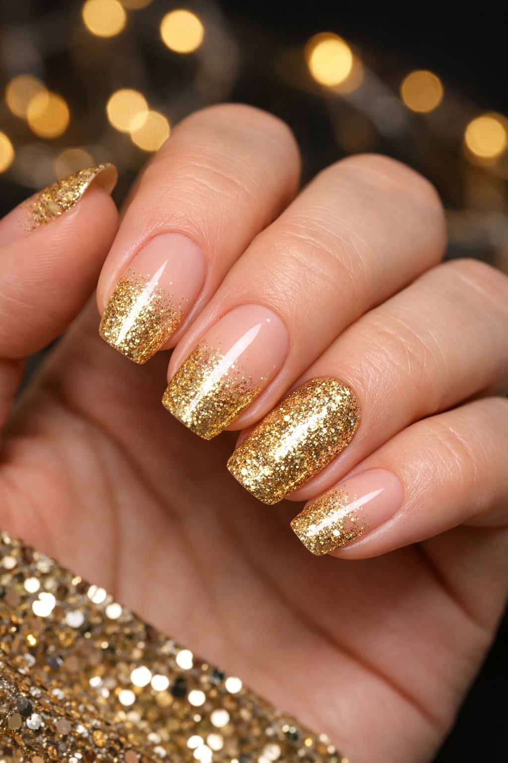 Short Square Sheer Nude Gold Glitter Ombre Short Square Sheer Nude Gold Glitter Ombre — Sparkly New Years Nails 2027