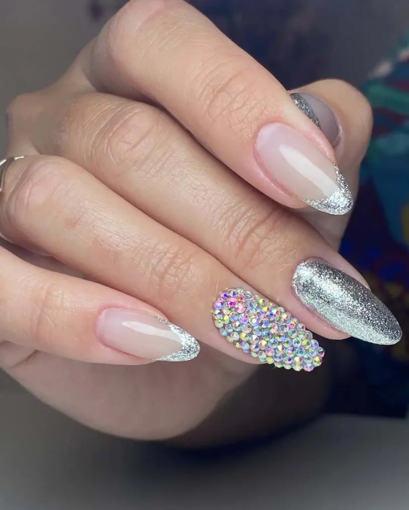 Medium Almond Glitter Rhinestone Accent Medium Almond Glitter Rhinestone Accent — Sparkly New Years Nails 2027