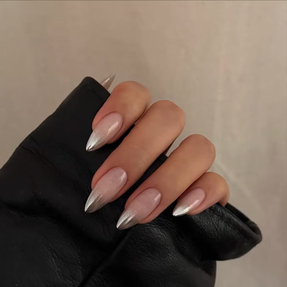 Long Stiletto Metallic Silver French Tips Long Stiletto Metallic Silver French Tips — Sparkly New Years Nails 2027