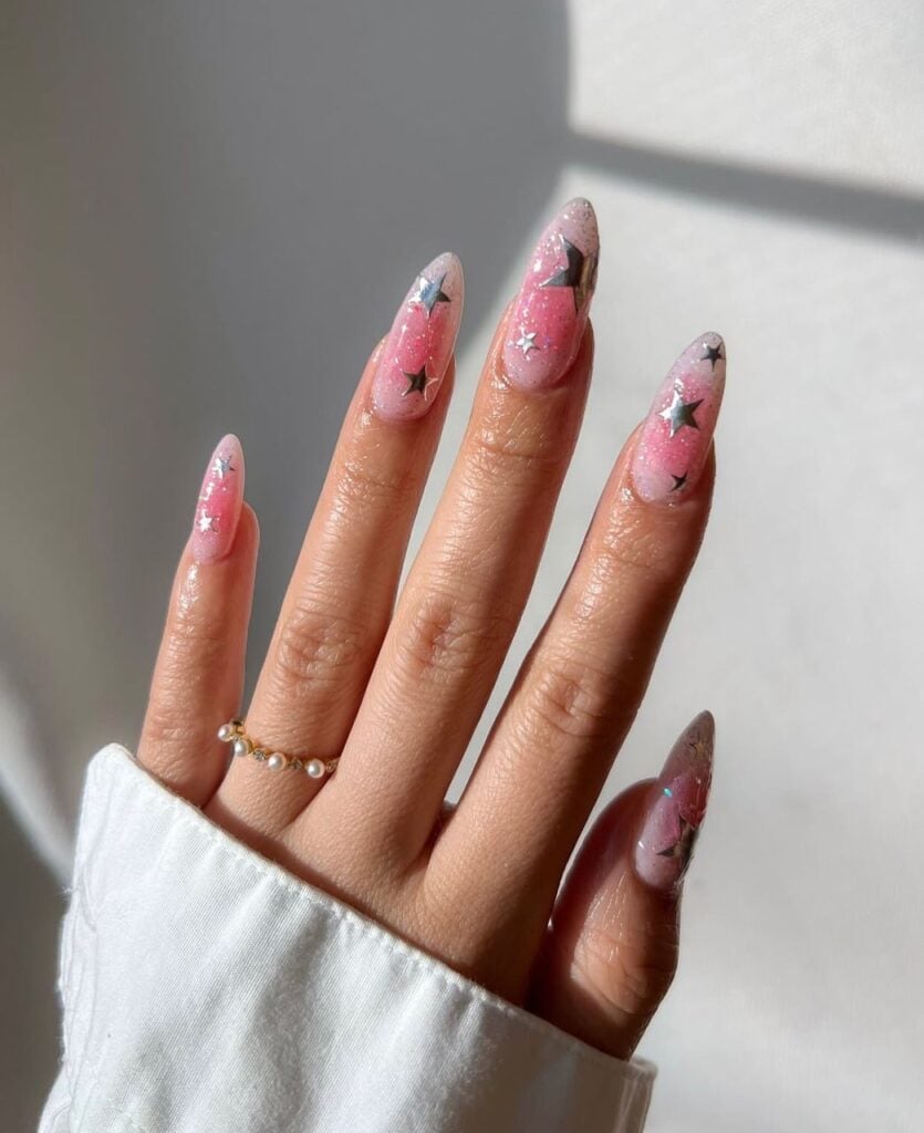 Long Stiletto Pink Shimmer Silver Stars Long Stiletto Pink Shimmer Silver Stars — Sparkly New Years Nails 2027