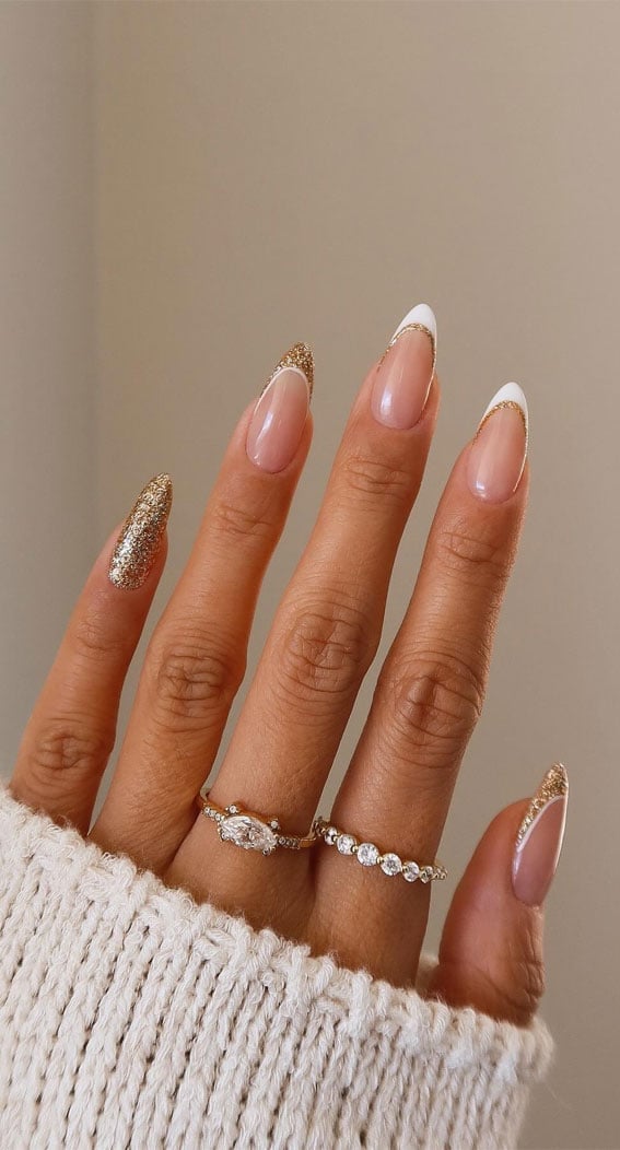 Medium-Long Almond Gold Glitter French Tips Medium-Long Almond Gold Glitter French Tips — Sparkly New Years Nails 2027