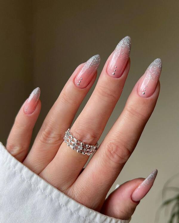 Long Almond Glitter Ombre With Beads Long Almond Glitter Ombre With Beads — Sparkly New Years Nails 2027
