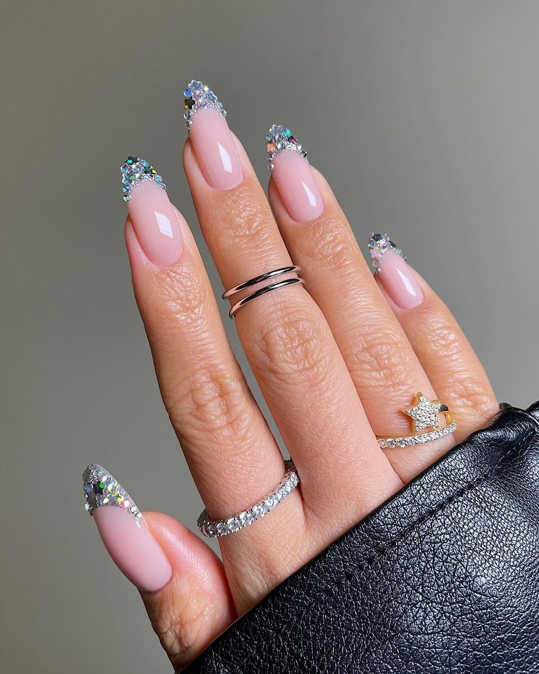 Long Almond Glitter Rhinestone French Tips, Sheer Pink Base Long Almond Glitter Rhinestone French Tips, Sheer Pink Base — Sparkly New Years Nails 2027