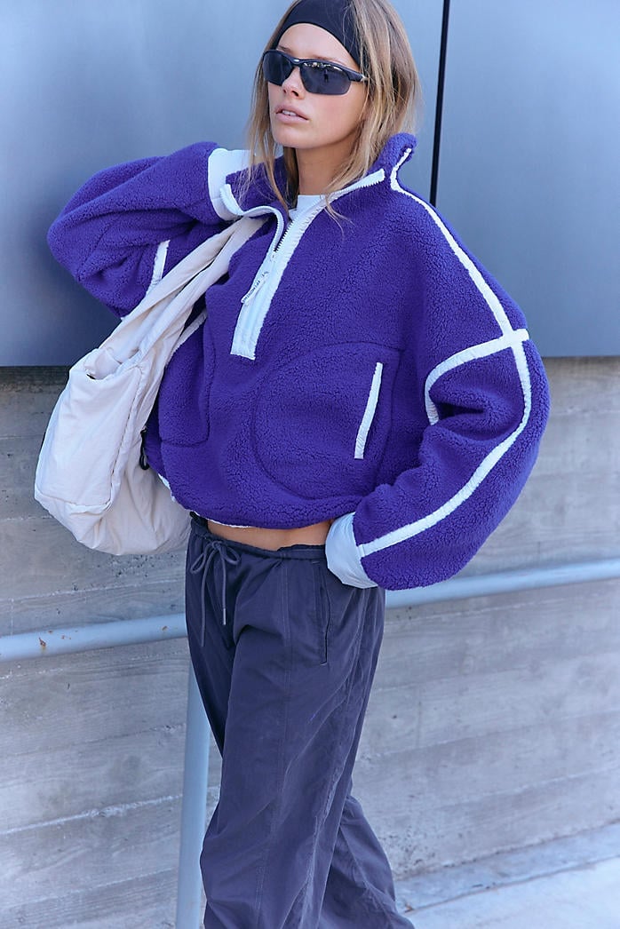 Purple half-zip fleece with gray relaxed pants Purple half-zip fleece with gray relaxed pants — Sporty Athletic Outfits 2027