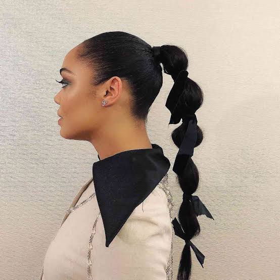 Unique Bubble Ponytail With Black Ribbons Unique Bubble Ponytail With Black Ribbons — Sporty Gym Hairstyles 2027