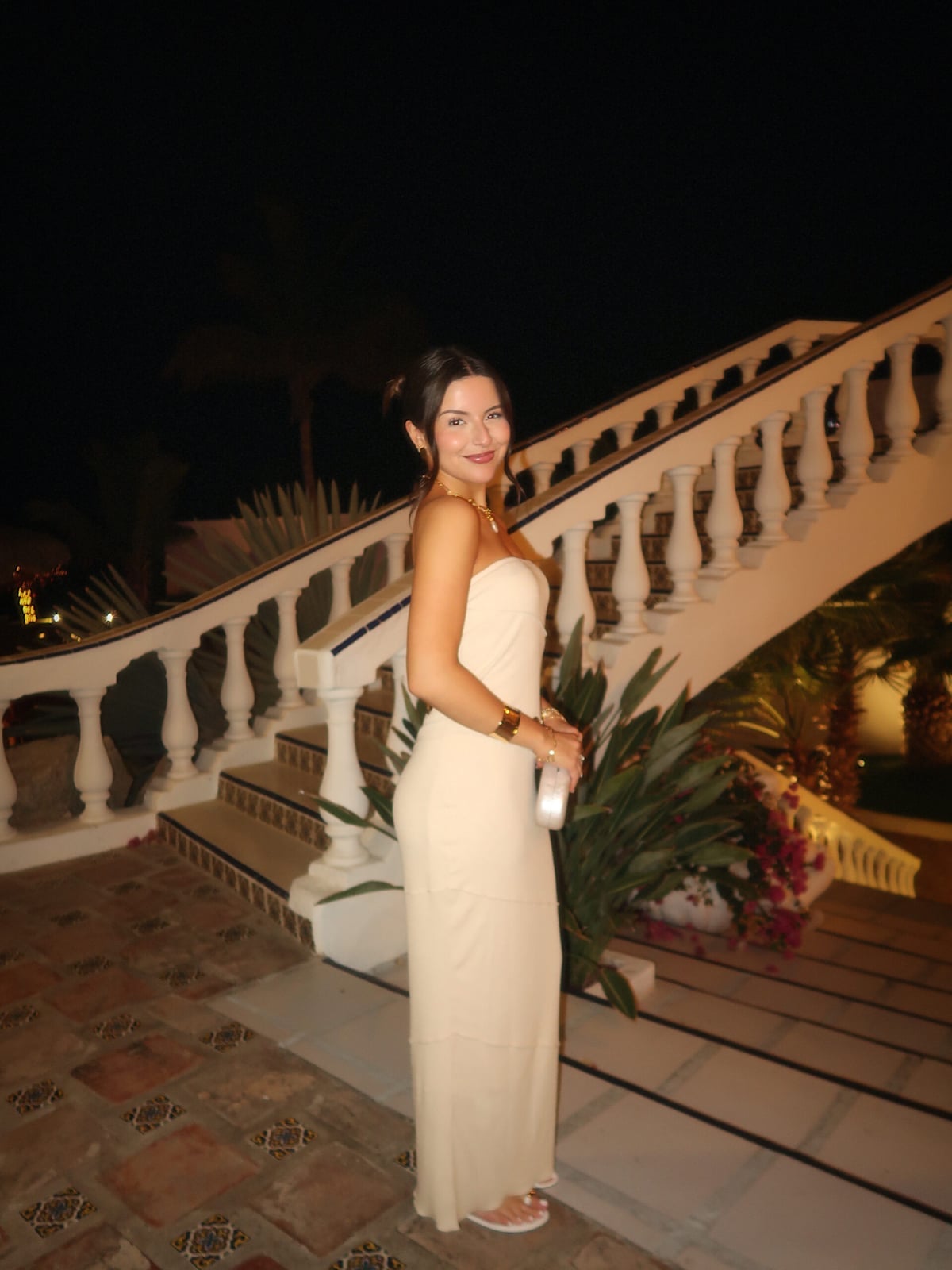 Pale beige strapless maxi dress for evening events Pale beige strapless maxi dress for evening events — Spring Break Night Outfits 2027